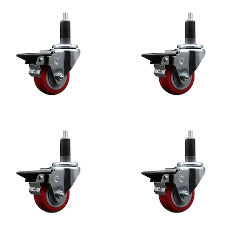 Service Caster 3'' Red Poly Swivel 1-1/8'' Expanding Stem Caster Set with Brake, 4PK SCC-EX20S314-PPUB-RED-PLB-118-4